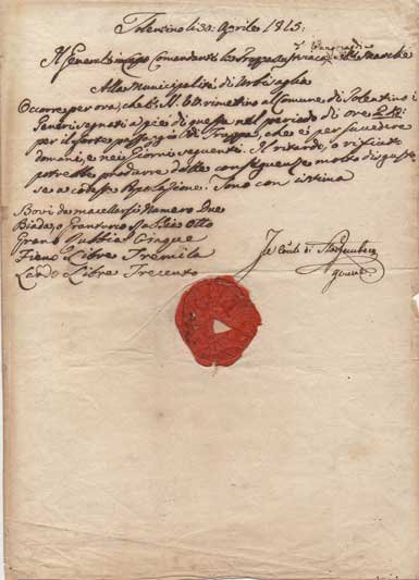 Battaglia di Tolentino- Documento manoscritto inviato “Alla Municipalità di Tolentino”