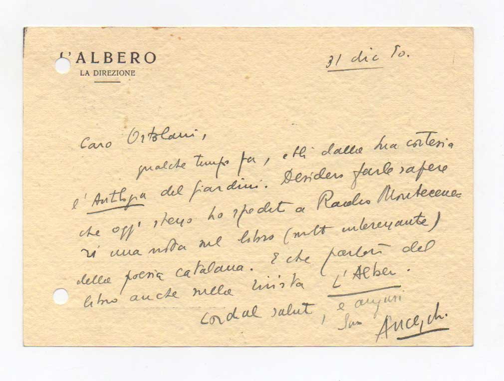 Biglietto viaggiato, autografo firmato, datato 31 dicembre 1950 - [Lecce], …