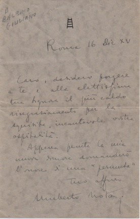 Breve lettera autografa firmata. Datata 16 dicembre 1937.