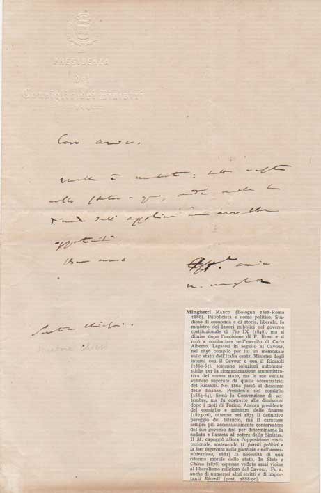 Breve lettera autografa firmata inviata al Senatore Chiesi.