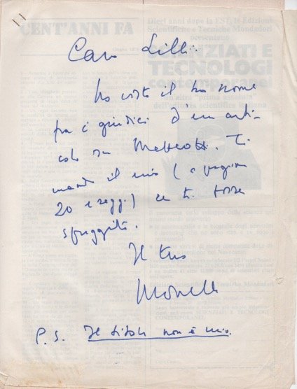Breve lettera autografa firmata, non datata [ma giugno 1974], inviata …