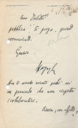 Breve lettera autografa firmata su carta intestata «Anton Giulio Bragaglia …