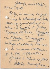 Cartolina postale viaggiata, autografa firmata, datata 22 novembre 1949 - …