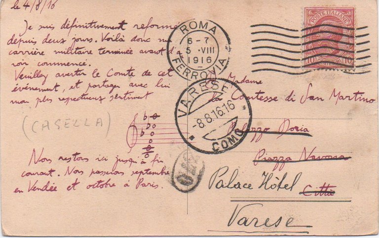 Cartolina postale viaggiata, autografa, inviata alla contessa di San Martino. …