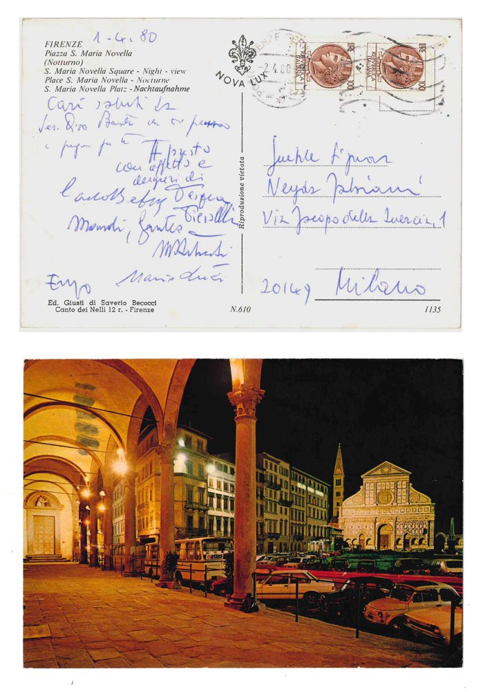 Cartolina postale viaggiata, con firme autografe di Luzi e Fabiani, …