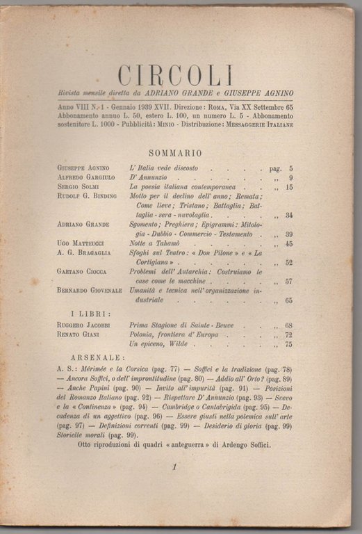Circoli. Rivista mensile diretta da Adriano Grande e Giuseppe Agnino. …