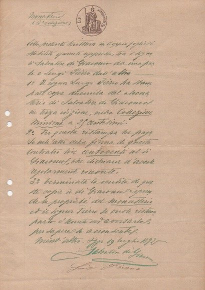 Contratto con firma autografa. Datato 19 luglio 1892.