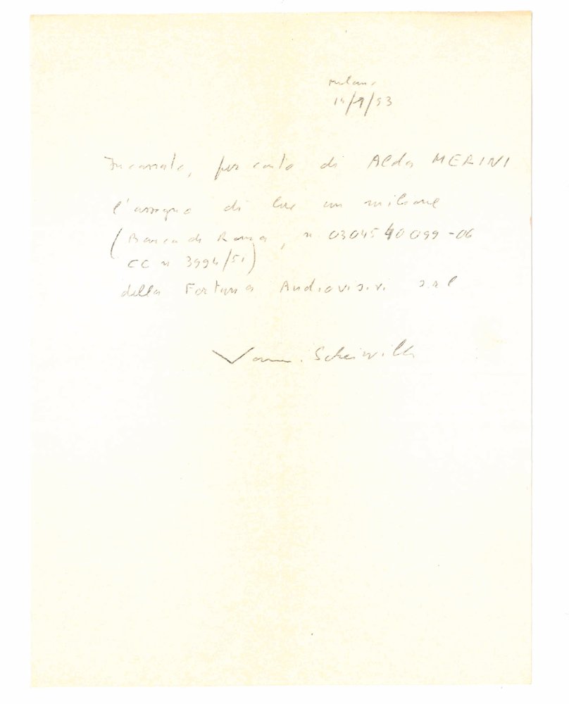 Copia carbone di ricevuta autografa firmata, per conto di Alda …