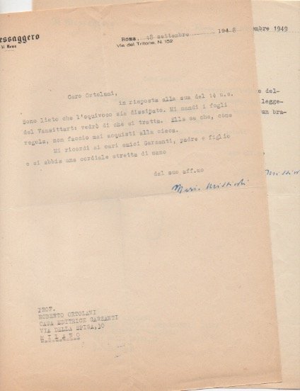 Due lettere dattiloscritte con firma autografa, datate 18 settembre 1948 …