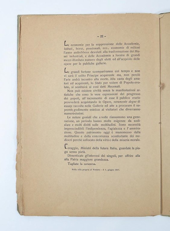 Filippo Cifariello ai ministri della grande Italia: Abolite le accademie …