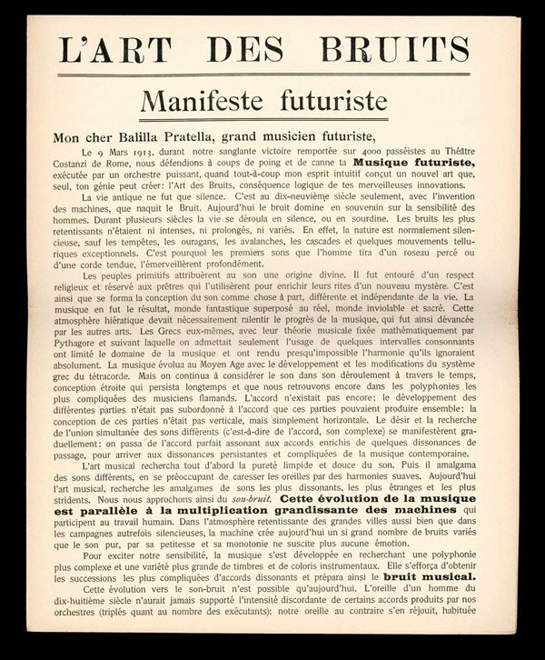 L’Art des bruits. Manifeste futuriste