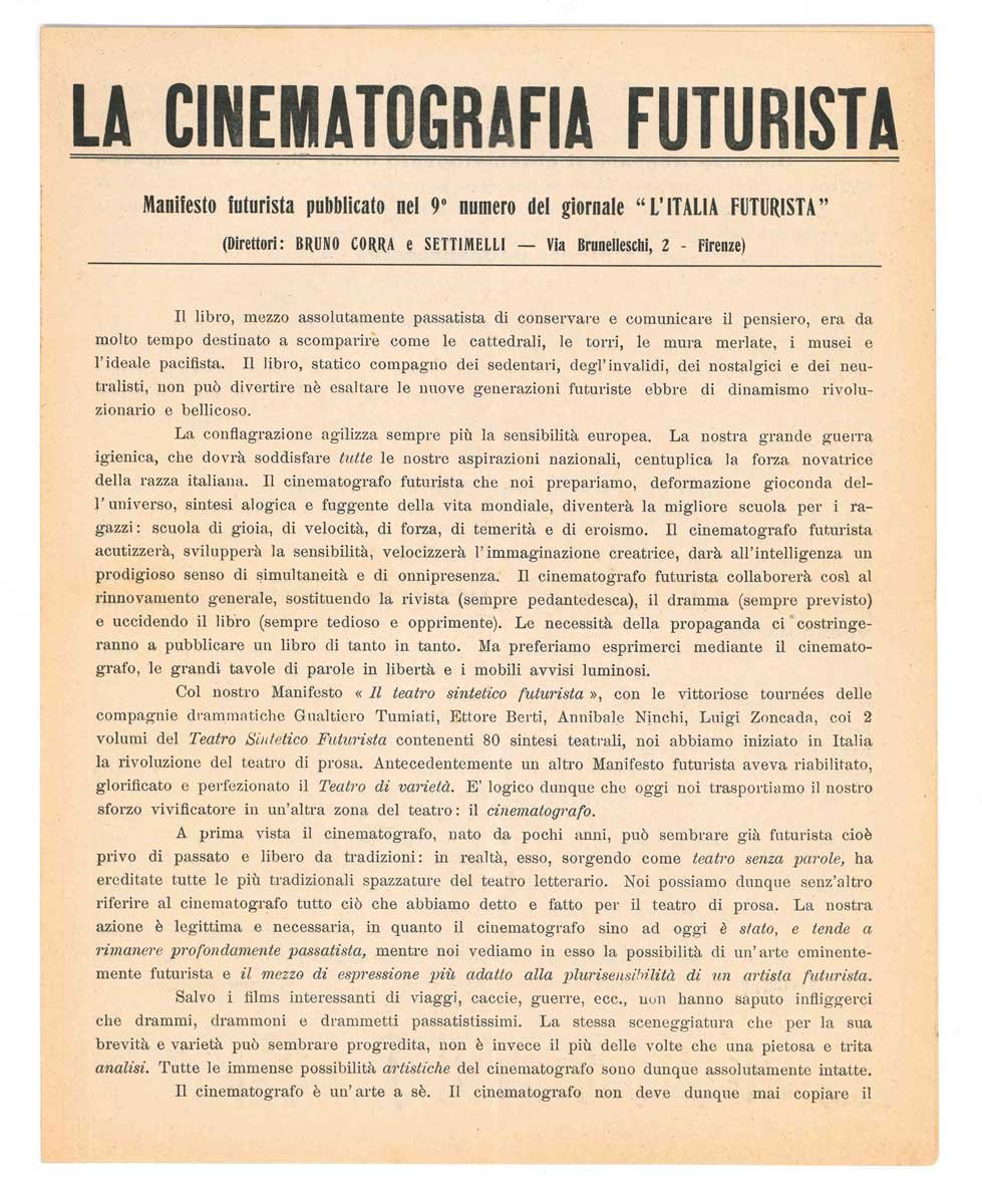 La cinematografia futurista. Manifesto futurista pubblicato nel 9° numero del …