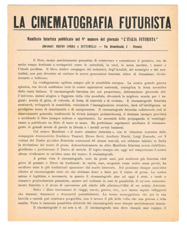 La cinematografia futurista. Manifesto futurista pubblicato nel 9° numero del … | Immagine Gallery 1