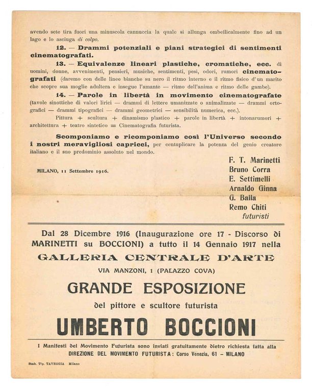 La cinematografia futurista. Manifesto futurista pubblicato nel 9° numero del …