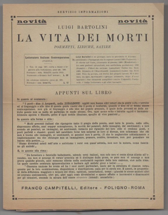 La vita dei morti. Poemetti, liriche, satire