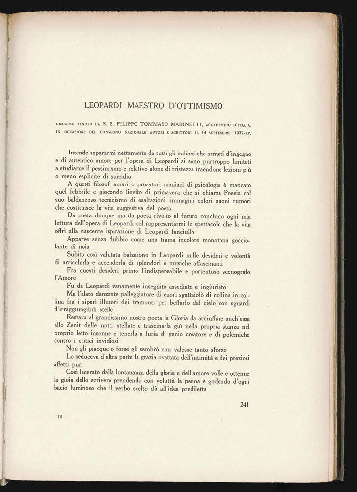Leopardi maestro d’ottimismo. Discorso tenuto da S. E. Filippo Tommaso …
