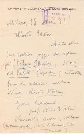 Lettera autografa firmata, datata 15 ottobre 1951 - Milano, inviata …