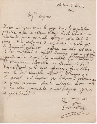 Lettera autografa firmata, datata 16 marzo 1844 - Milano.