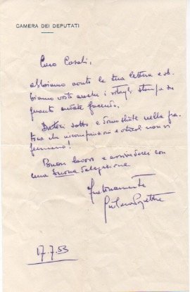 Lettera autografa firmata, datata 17 luglio 1953, inviata ad Agostino …