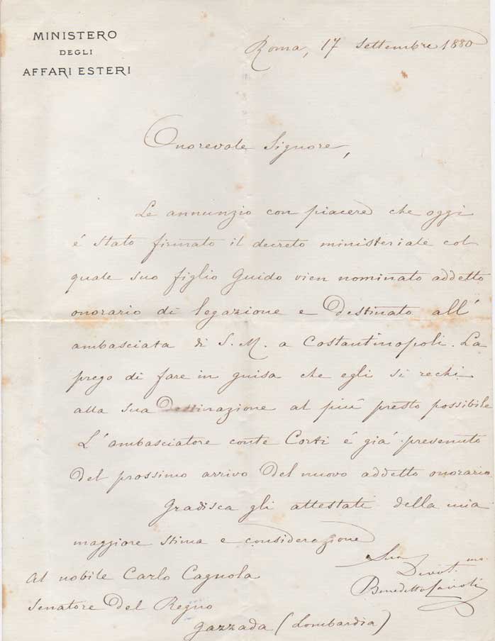 Lettera autografa firmata, datata 17 settembre 1880 - Roma, inviata …