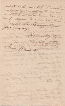 Lettera autografa firmata, datata 19 dicembre 1865 - Firenze, inviata …