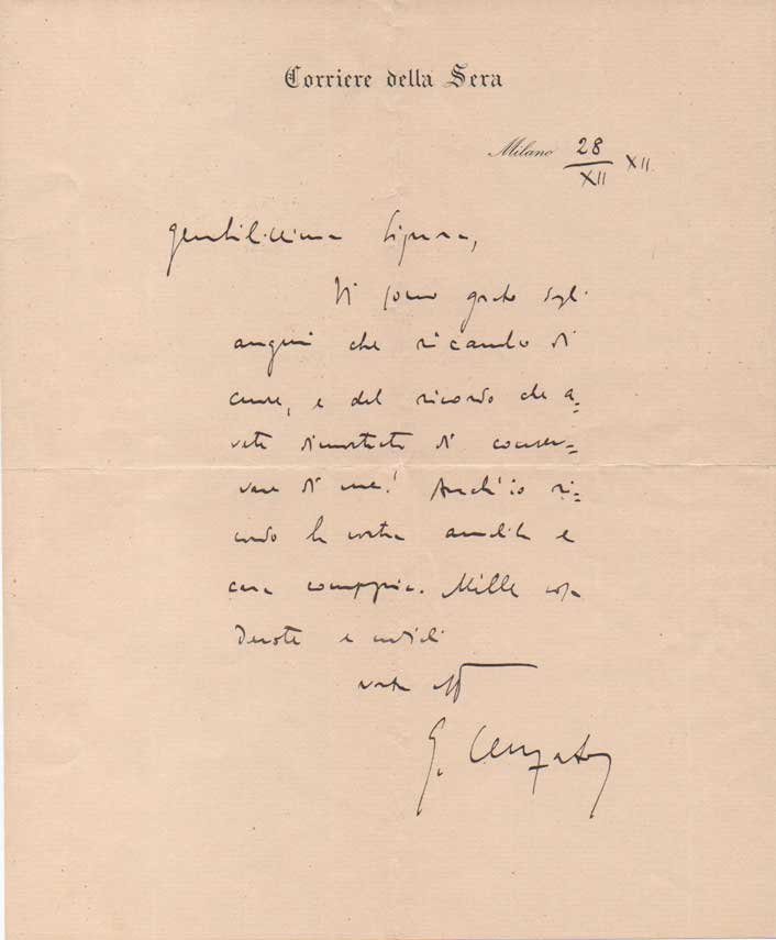 Lettera autografa firmata, datata 28 dicembre 1912 - Milano, inviata …