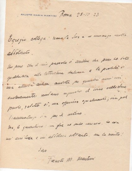 Lettera autografa firmata, datata 28 ottobre 1923 - Roma, inviata …