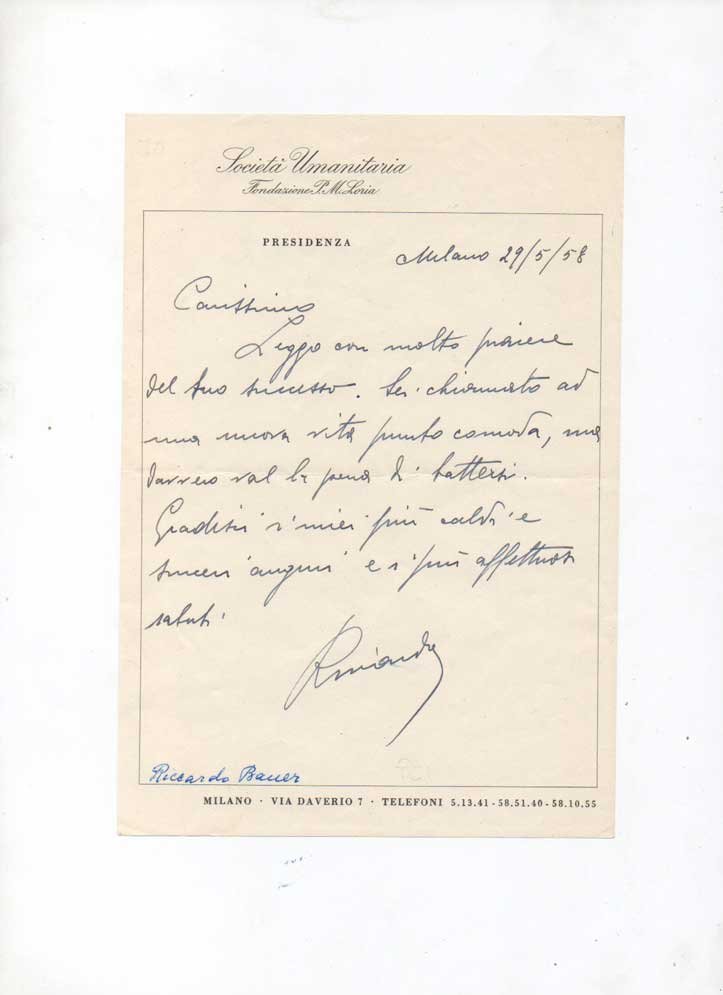 Lettera autografa firmata. Datata 29 maggio 1958