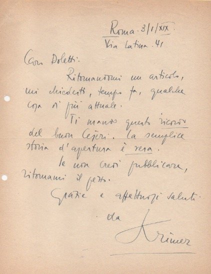 Lettera autografa firmata, datata 3 gennaio 1941 - Roma, inviata …