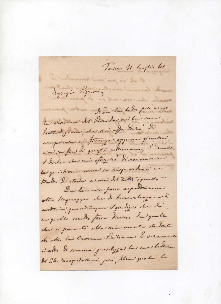Lettera autografa firmata. Datata 31 luglio 1861