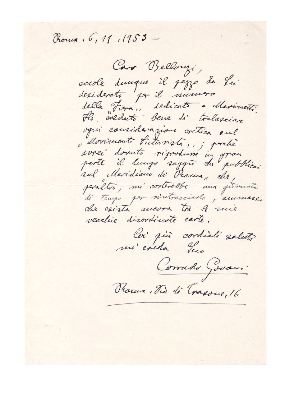 Lettera autografa firmata, datata 6 novembre 1953, inviata a Fortunato …