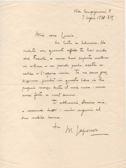 Lettera autografa firmata, datata 7 luglio 1938, inviata all'amico Lucio …