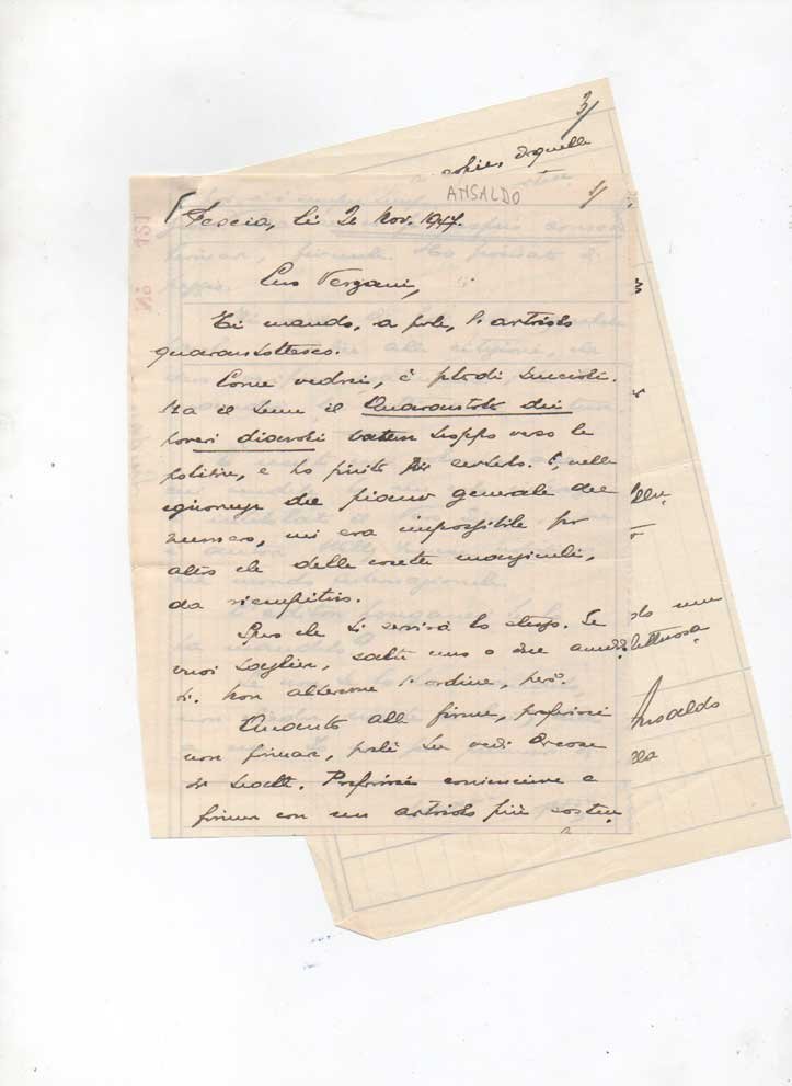 Lettera autografa firmata, datata Pescia (località Marsalla) 2 novembre 1947, …