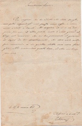 Lettera autografa firmata, datata Velletri 15 marzo 1861, indirizzata al …