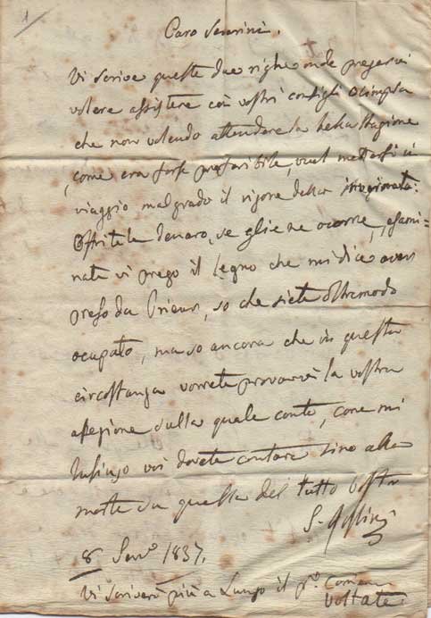 Lettera autografa firmata inviata a Carlo Severini, “régisseur General du …