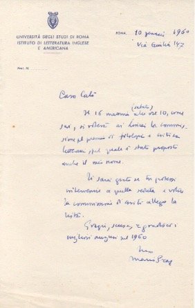 Lettera autografa firmata inviata a “Caro Calò”.