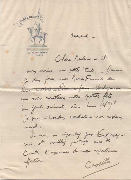 Lettera autografa firmata inviata a “Chère Madame”. Non datata.