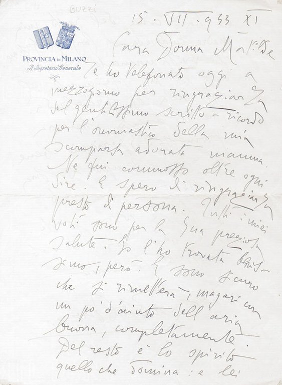 Lettera autografa firmata inviata a Donna Matilde