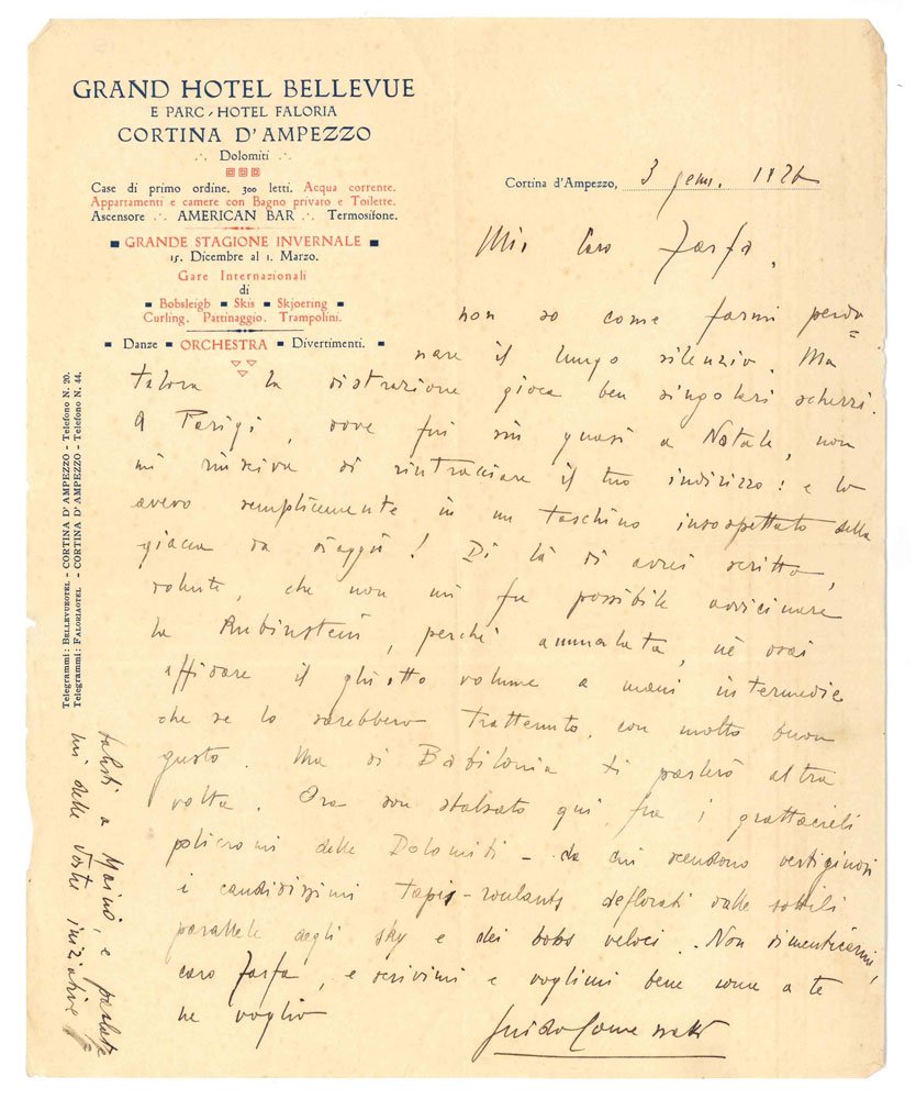 Lettera autografa firmata inviata, a Farfa (Vittorio Tomassini)