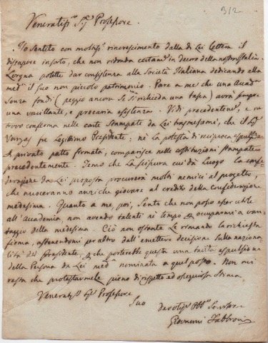 Lettera autografa firmata inviata a Giacomo Sacchetti, Pisa