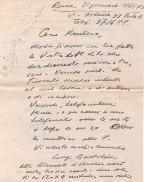 Lettera autografa firmata inviata a Mantero