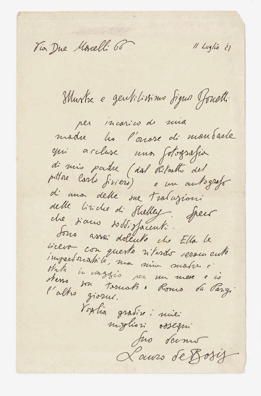 Lettera autografa firmata, inviata a «Signor Bonetti»
