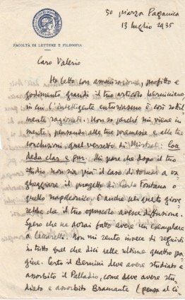 Lettera autografa firmata inviata a Valerio. Datata 13 luglio 1935