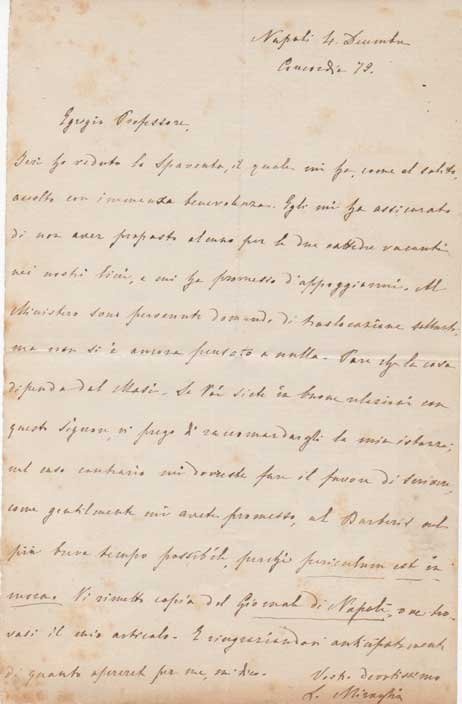 Lettera autografa firmata inviata ad un professore.