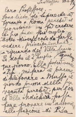 Lettera autografa firmata inviata ad un professore. Datata 30 giugno …