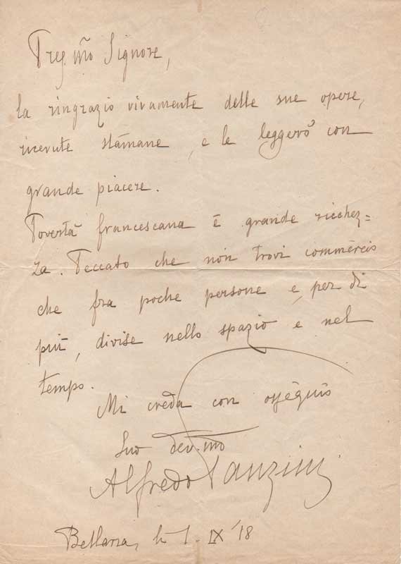 Lettera autografa firmata inviata ad un signore.