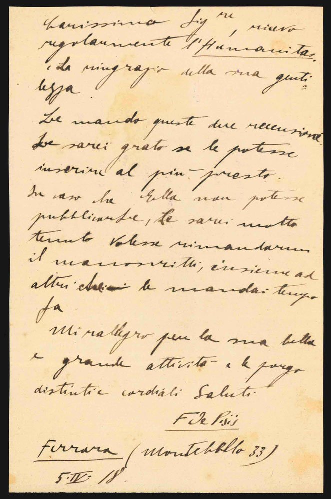 Lettera autografa firmata, inviata al direttore della rivista Humanitas (Piero …