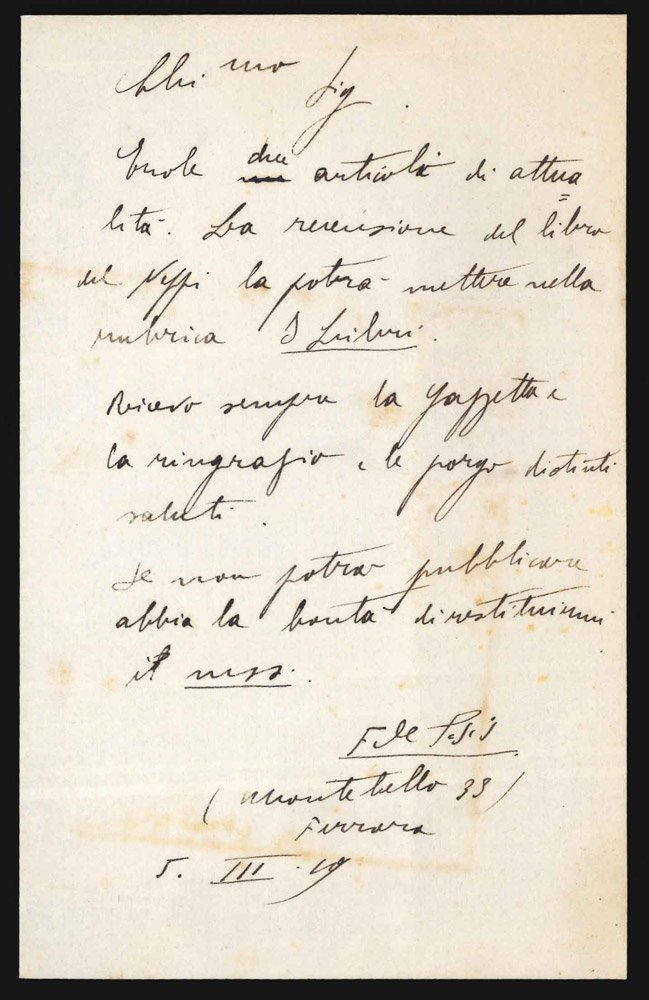 Lettera autografa firmata, inviata al direttore della rivista Humanitas (Piero …