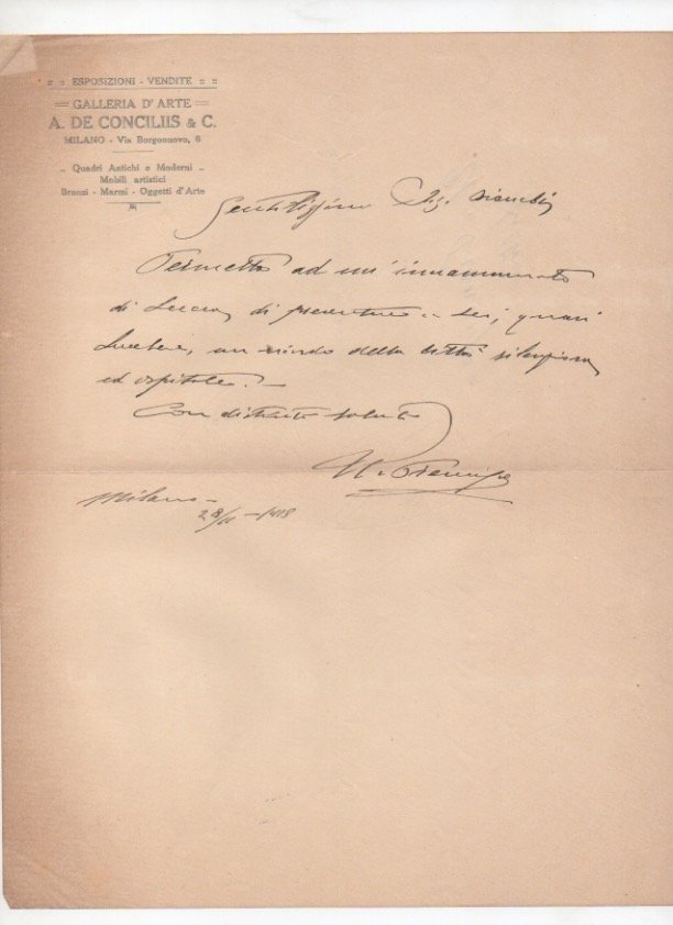 Lettera autografa firmata inviata al giornalista Augusto Guido Bianchi.