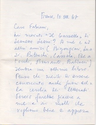Lettera autografa firmata inviata al poeta e giornalista Enzo Fabiani. …